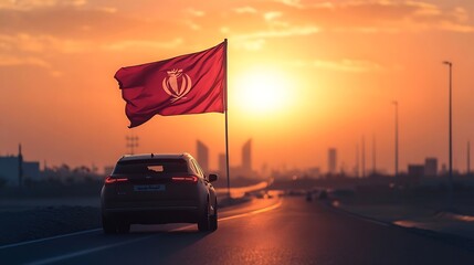 Waving the Qatar flag against the sunrise or sunset from a car driving along a country road Holding the Qatar flag traveling by car on a weekend trip : Generative AI