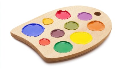 A wooden artist palette, dotted with paints in various colors, set against a simple white background.