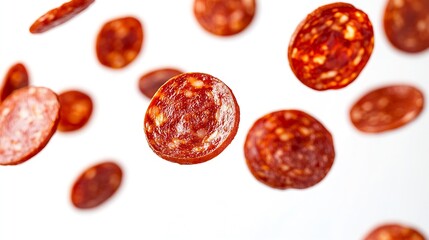 Pepperoni slices flying isolated on white background Sausage slices floating on white background Pizza pepperonis flying isolated on white background : Generative AI