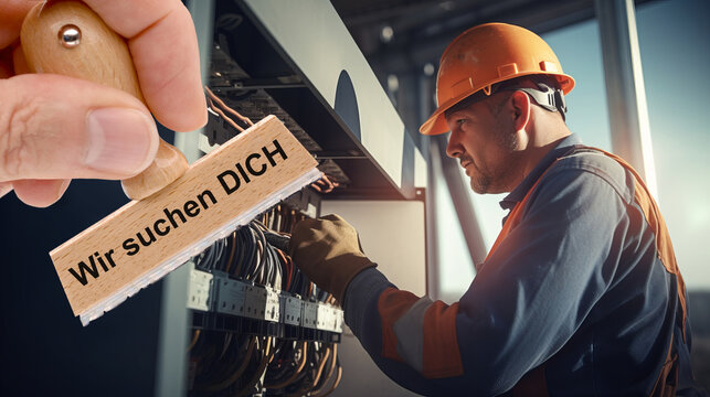 Ein Holzstempel ist beschriftet mit dem Aufdruck: Wir suchen DICH &uuml;ber dem Bild eines Elektrikers bei der Arbeit - FOTOMONTAGE