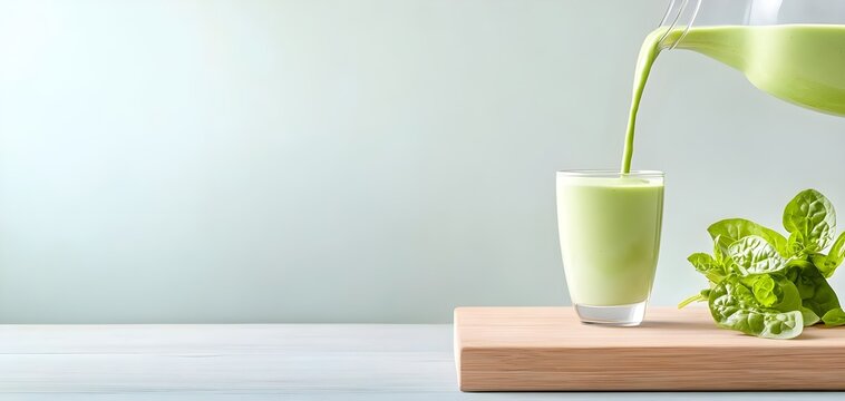 Fresh green smoothie being poured into a glass with spinach on a wooden board, showcasing a healthy lifestyle.