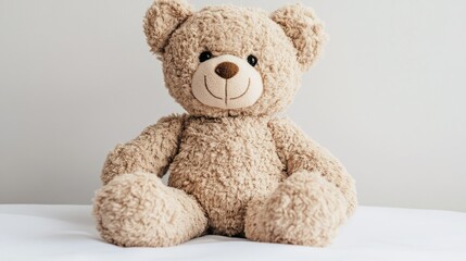 Obraz premium An adorable plush teddy bear, showcased on a pure white surface, inviting cuddles.