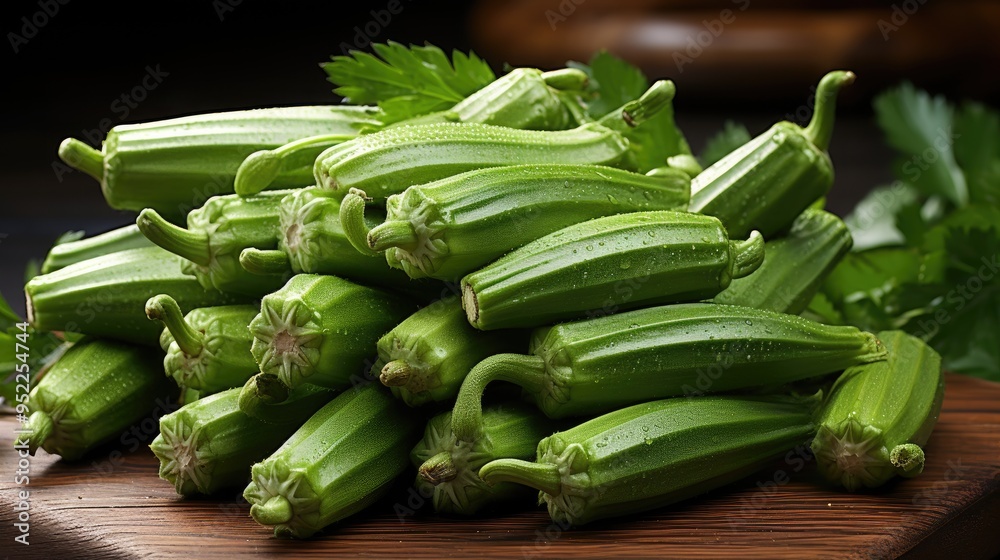 Sticker okra on the wood background  