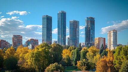 Fototapeta premium Modern highrise buildings in the centre of Madrid headquarters of companies and offices : Generative AI