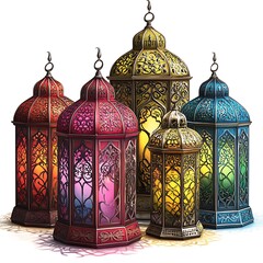 A collection of colorful lanterns hanging from the ceiling