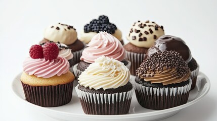 Assorted cupcakes with various toppings on a plate, set against a plain white background, perfect for a bakery display.