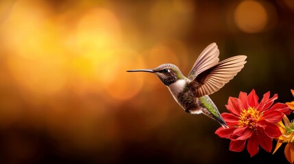 Fototapeta premium A vibrant hummingbird in mid-flight, showcasing its colorful feathers against a blurred floral background.