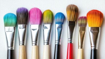Fototapeta premium Assorted paintbrushes with colorful bristles, arranged on a clean white background, perfect for an artistic touch.