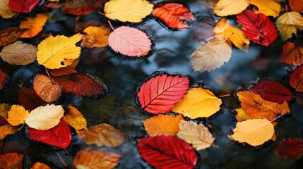 Autumn leaves in shades of red, orange, and yellow, gently floating on a crystal-clear pond, evoking the quiet beauty of fall.