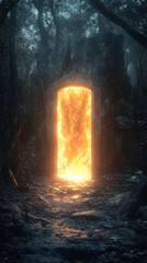 Naklejka premium Glowing Magical Portal in Dark Ancient Forest, Halloween Night 