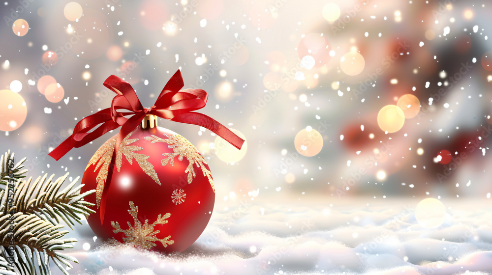 Aufkleber red christmas ball ornament with a ribbon on snowy fir tree branch and blurred background
