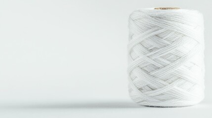 Close-up of a white bobbin, showcasing the neat winding of thread, set on a seamless white background