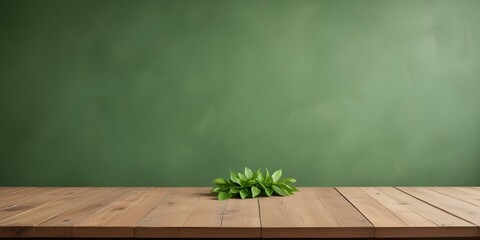 A wooden table or desk with a green wall background and a single leaf or plant on the surface.