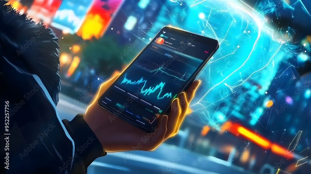 Poster futuristic digital device displaying financial data and analytics