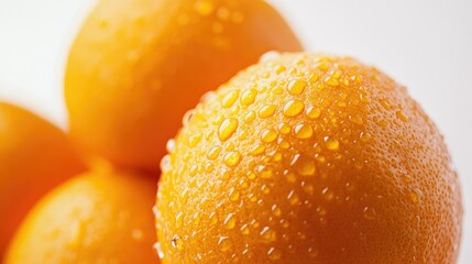 Close-up of vibrant oranges with droplets of water, enhancing their freshness on a white background.