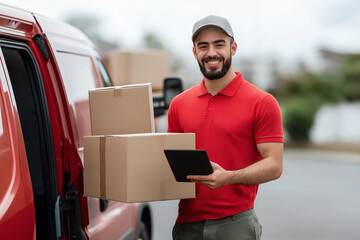 A delivery person in a red shirt with a van and boxes.