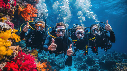 Portrait of diver with thumbs up gesture with colorful beautiful coral reef with sea life fishes