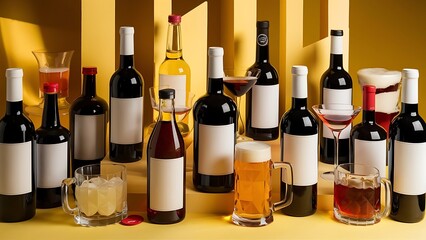 A variety of alcoholic drinks on yellow background