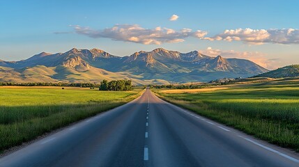 Picturesque asphalt road panorama with mountains and green fields trees summer highway in Kazakhstan sunset golden hour warm colors blue sky : Generative AI