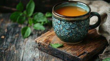 Refreshing Traditional Russian Kvass Served in a Rustic Ceramic Mug