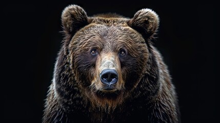 Fototapeta premium A brown bear's front view is isolated against a black background. An image of an Ursus arctos beringianus bear from Kamchatka