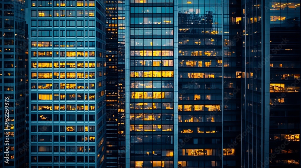 Poster Windows in highrise office building in the late evening with glowing and blinking interior lights timelapse Aerial top view : Generative AI