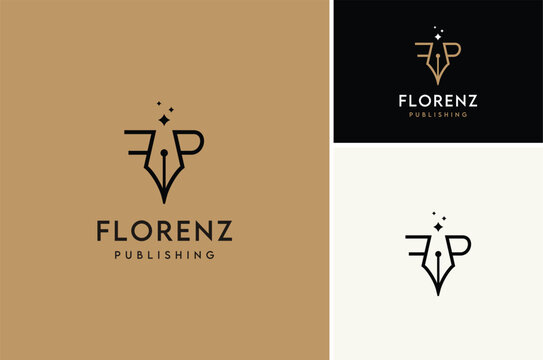 Classic Fountain Nib Pen with stars and letter F P for FP Initials Monogram Book Publishing Logo Design.