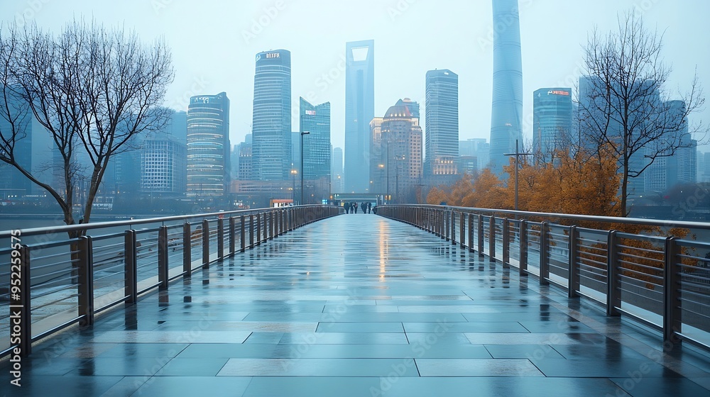 Poster Empty square floor and pedestrian bridge with modern city buildings in Shanghai : Generative AI