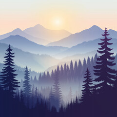 Layered Mountain Landscape with Fog and Sunrise - Tranquil Forest Scene at Dawn