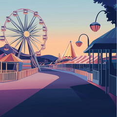 Evening at the Fairground with Ferris Wheel and Colorful Tents - Nostalgic Carnival Illustration