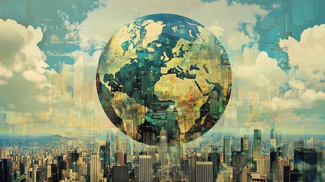 A globe superimposed over a cityscape, symbolizing global urbanization and interconnectedness.