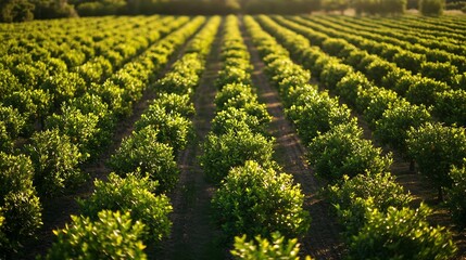 Aerial view of Florida farmlands with rows of orange grove trees growing on a sunny day : Generative AI