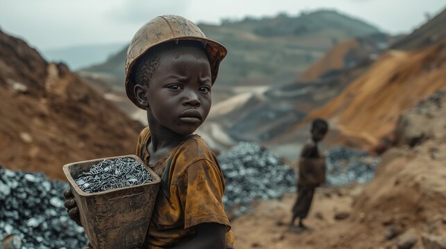 A child laborer in artisanal mining, holding a container of mined materials, highlighting the harsh conditions and exploitation in small-scale mining operations.