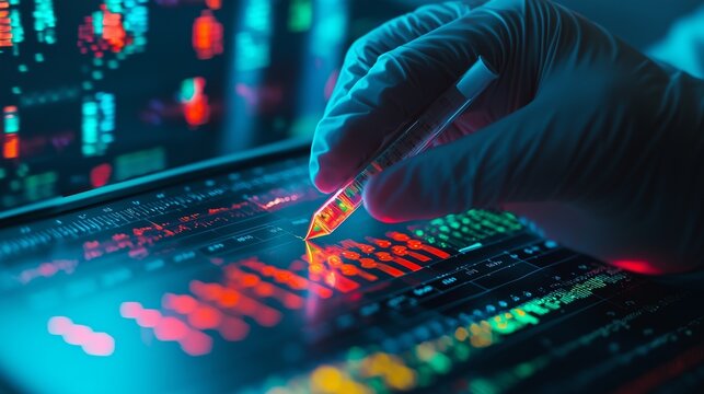 Gloved hand analyzing dna sequencing data on a digital screen, highlighting genetic and genomic data processing.
