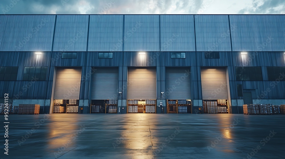 Poster Warehouse or industry building exterior Use as distribution center for loading storage warehousing shipping and freight forwarding of cargo : Generative AI