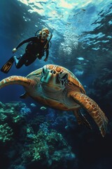 Fototapeta premium A large sea turtle and a diver in deep sea