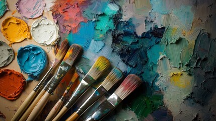 Fototapeta premium Painter's Palette with Brushes on Colorful Thick Oil Paint Texture, Symbolizing Art Therapy, Creative Expression, Mindfulness, Artistic Inspiration, and Mental Health Benefits