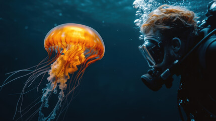 Fototapeta premium Diver watching closely in deep sea at a glowing jelly fish