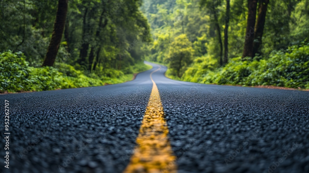 Aufkleber Turn on the empty road through the green trees : Generative AI