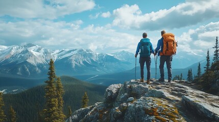 Fototapeta premium Hikers Enjoying the Breathtaking Mountain Landscape on a Rugged Wilderness Trail