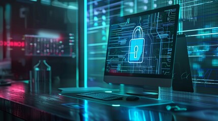 a desktop computer with a transparent screen displaying a lock icon