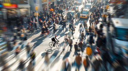 Obraz premium Urban street scene with cyclist in motion, blurred city crowd, fast-paced lifestyle, vibrant city life, evening rush