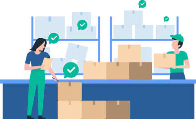 Warehouse Staff Conducting Inventory Audit Thoroughly. Transparent Background, PNG image. Illustration
