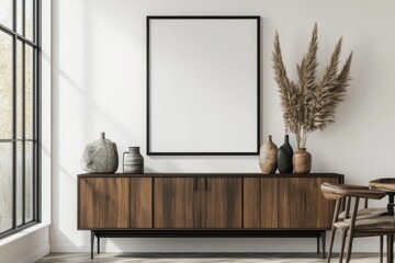 A modern interior featuring a wooden cabinet with decorative vases and a blank frame.