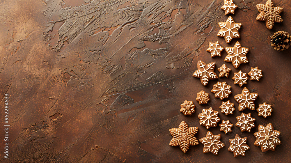 Aufkleber christmas tree made of gingerbread cookies forming on right side on brown background with copy space