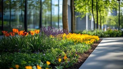 Obraz premium Beauiful outdoors gardening decoration near modern office building outdoor gardening image for corporate buildings concept : Generative AI