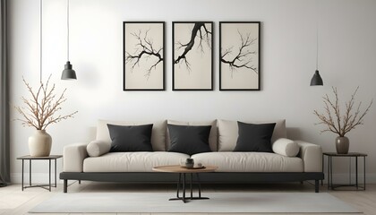 A minimalist living room with a large beige sofa, and three framed black and white artworks depicting a bare tree branch on the wall.