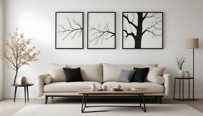 A minimalist living room with a large beige sofa, and three framed black and white artworks depicting a bare tree branch on the wall.