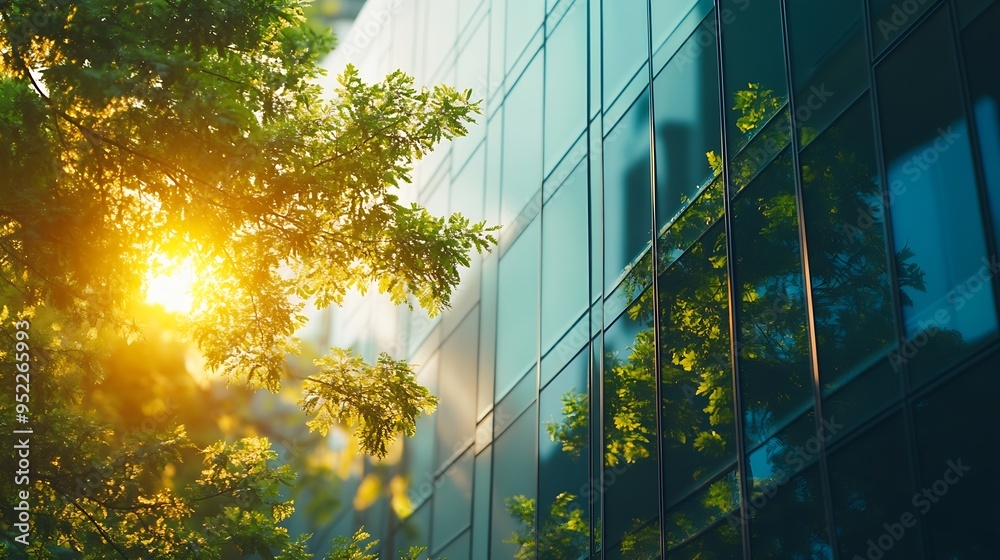 Aufkleber eco architecture green tree and glass office building the harmony of nature and modernity reflection