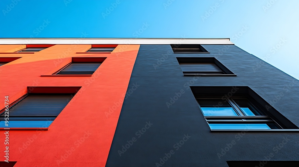 Poster the photo highlights the juxtaposition of two distinct building facades against the clear blue sky i